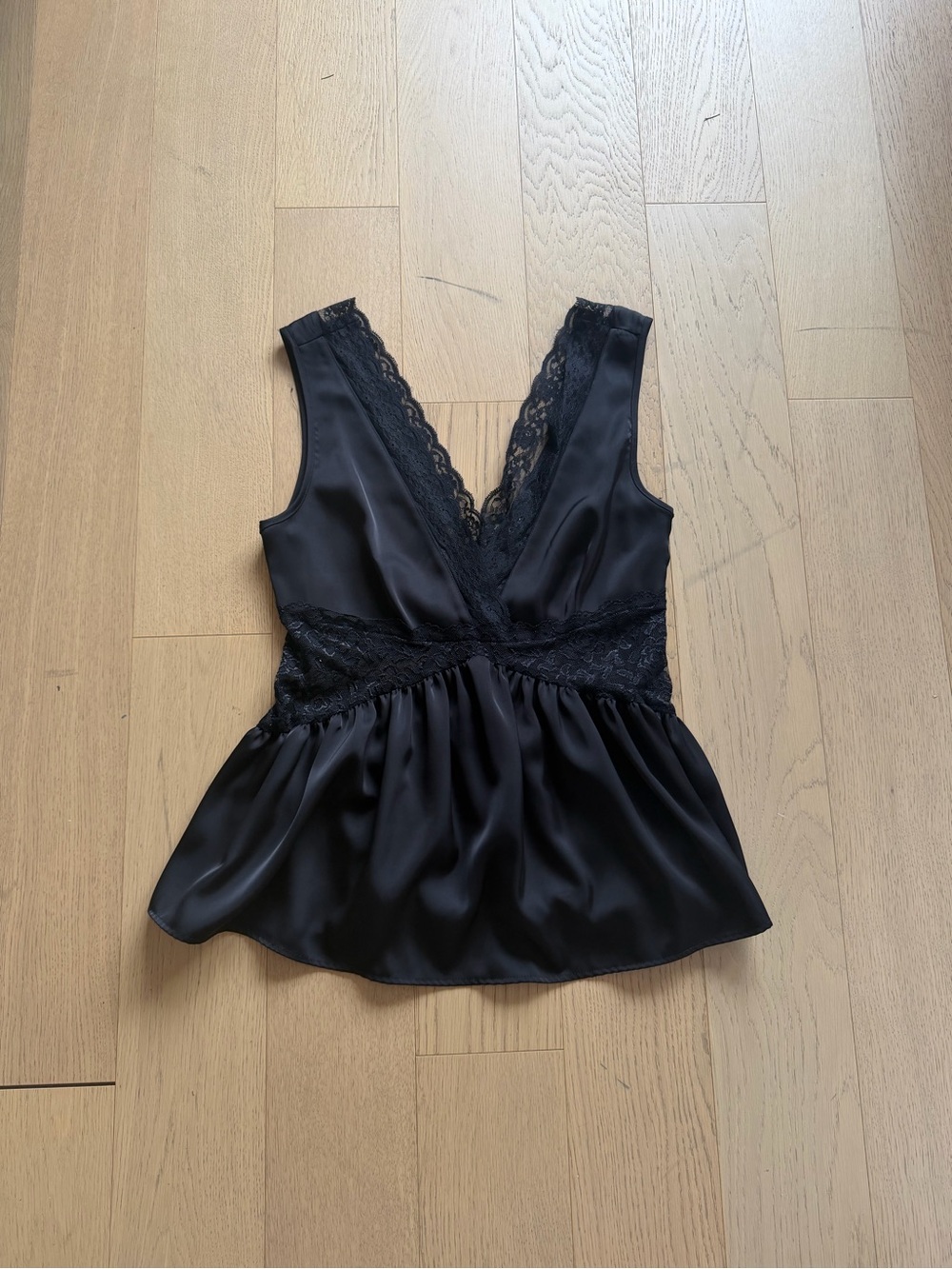 Black Satin Lace-Trim V-Neck Chemise Top
